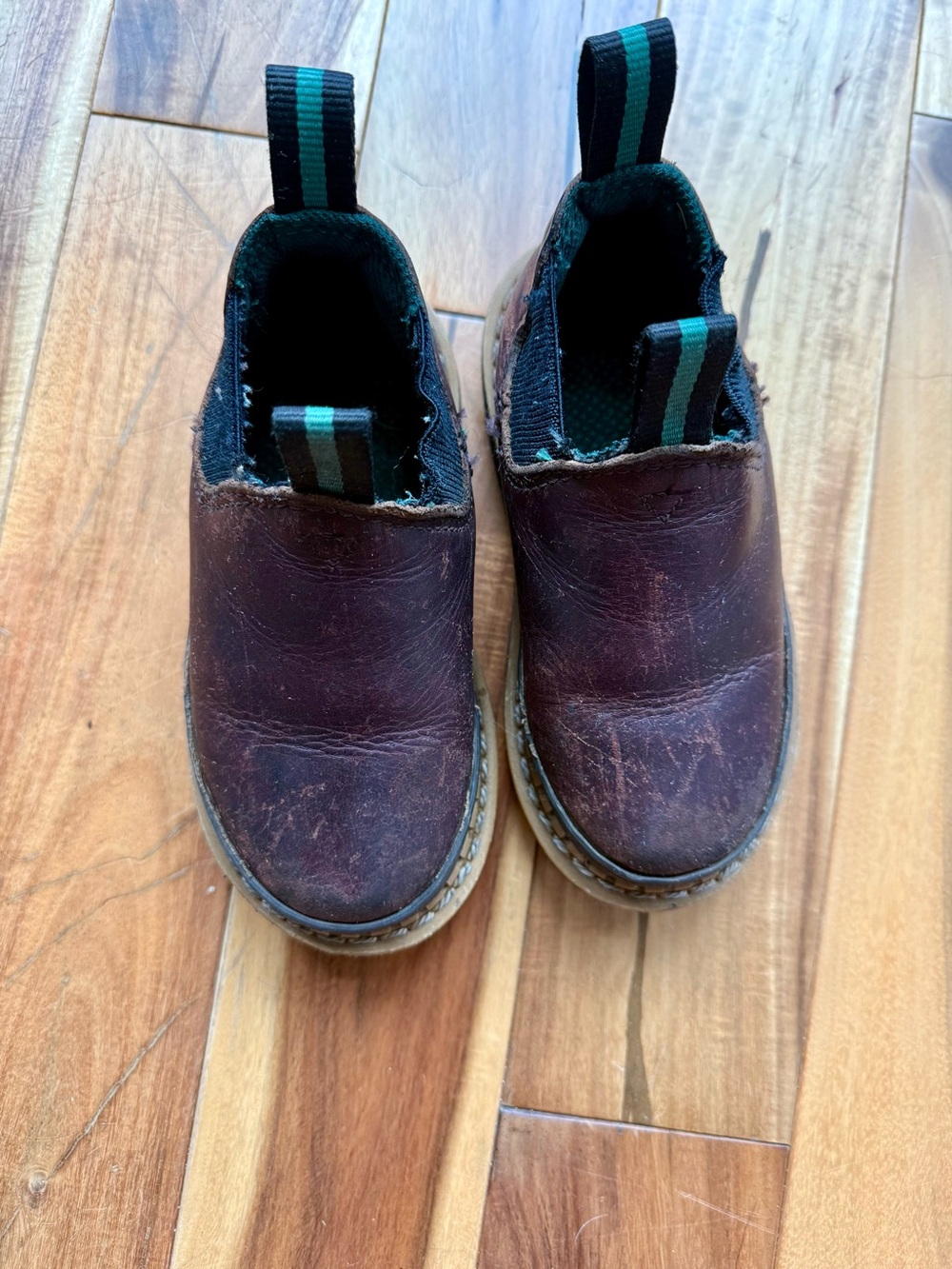 Georgia Boot Kids Dark Brown Leather Slip-On Boots with Green-Striped Pull Tabs